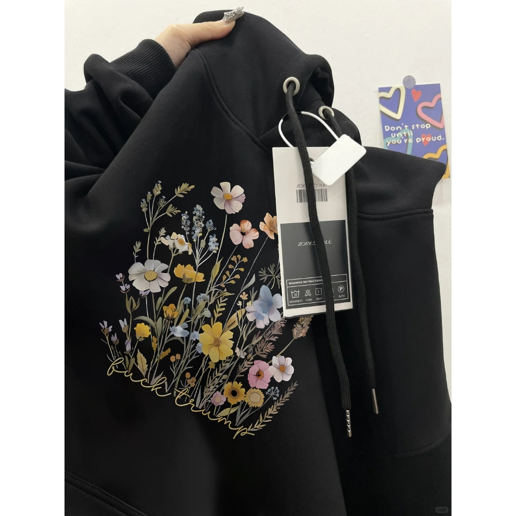 Forteid Oversize Hoodie Wanita  Korean Style Oversize Hoodie Sweater   (Cetakan motif bunga yang can