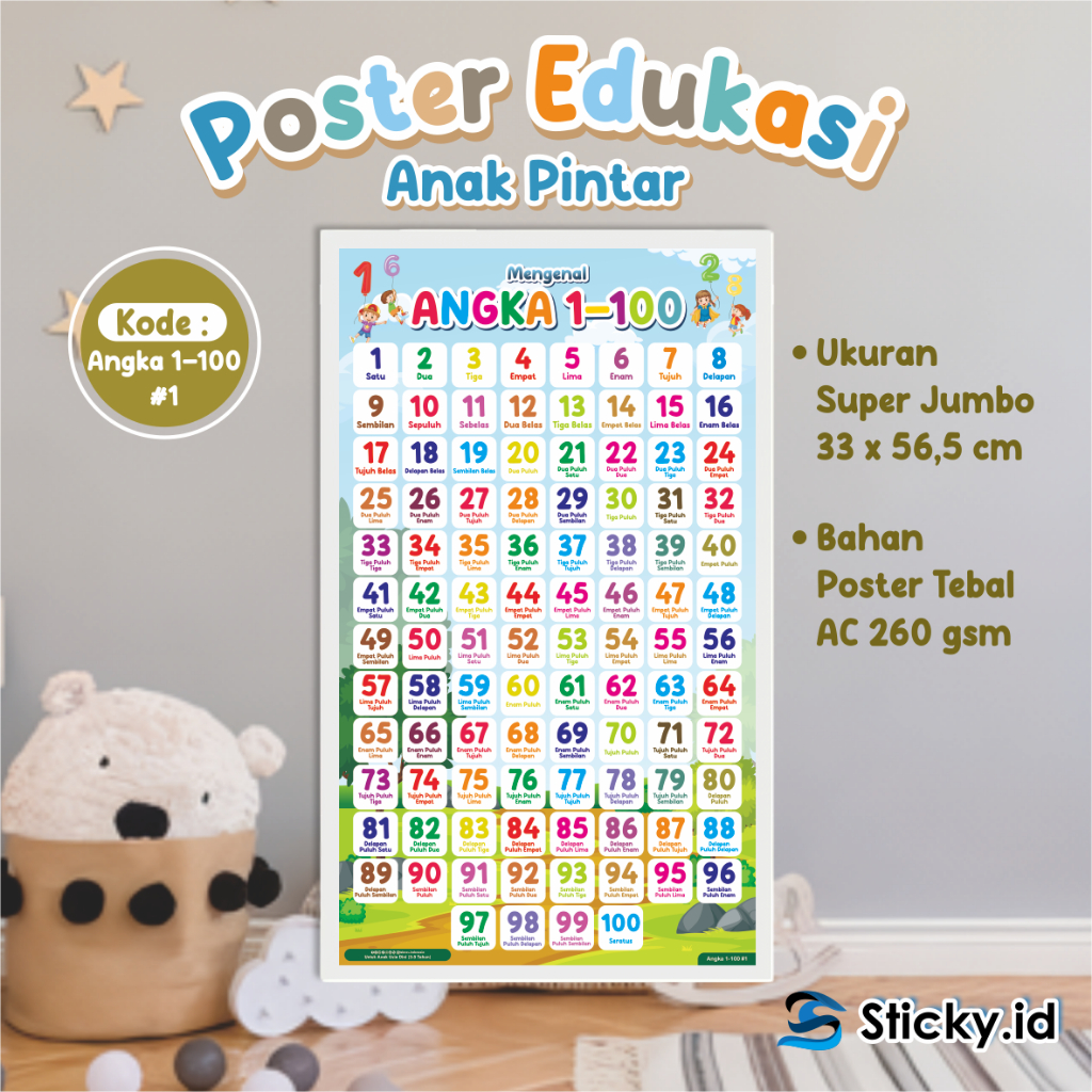 

POSTER BELAJAR EDUKASI ANAK - POSTER GAMBAR BERWARNA TEMA ANGKA 01 - 100 READY STOCK