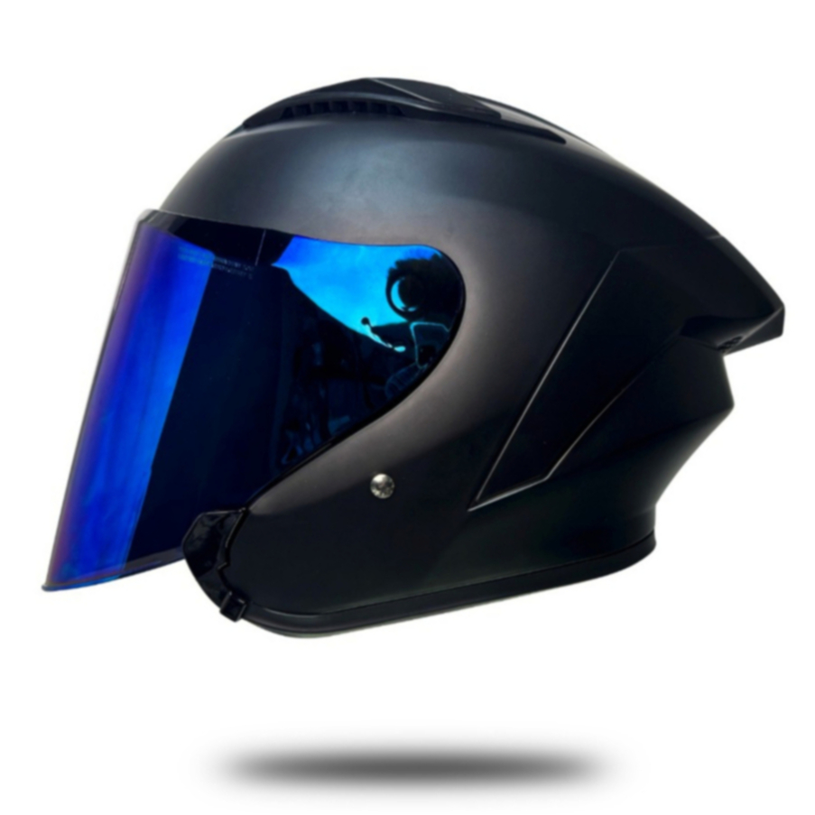 Helm Half Face Mjm Batman Hitam Doff-Kaca Blue Helm Kekinian Dewasa SNI COD