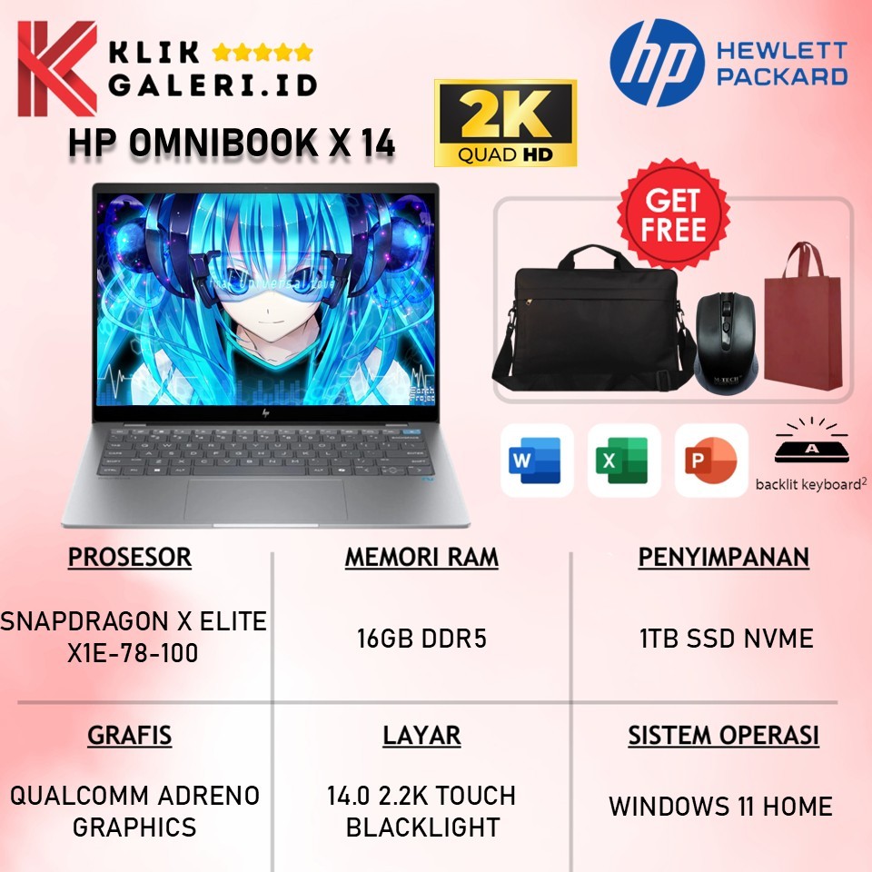 Laptop Desain Kerja Hp OMNIBOOK X14 SNAPDRAGON X ELITE X1E78100 Ram 16GB DDR5 1TB Ssd Qualcomm Adren