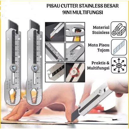 

Cutter Stainless Steel Dengan Pengukur Anti Karat / Pisau Cutter Stainless Besar 9IN1 / Sliding Knife Cutting Tool / Alat Pemotong Kertas Pengencang Mur Pembuka Tutup Botol Multifungsi - GUDANESIA