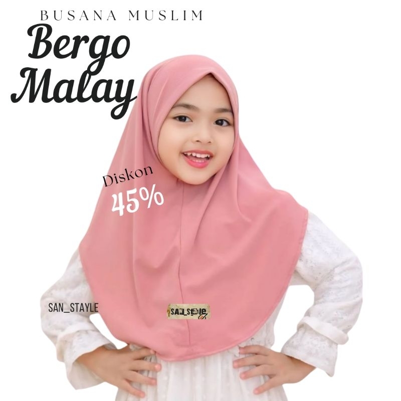 Hijab Bergo Malay Non pet /Jilbab Instan Anak /Hijab Sekolah/ Jilbab Jersey Anak