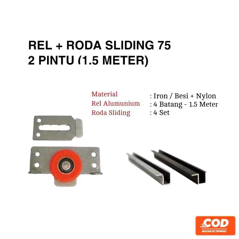 Paket (2 Pintu) 4 Batang Rel 75 + 4 Set Roda SD 753 Huben Rel Pintu Lemari Sliding Pintu Lemari Gese
