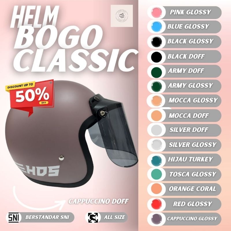 HELM Bogo Classic Dewasa Half Face SNI HDS Helmet Motor Klasik Pria Wanita Hijab Stylish