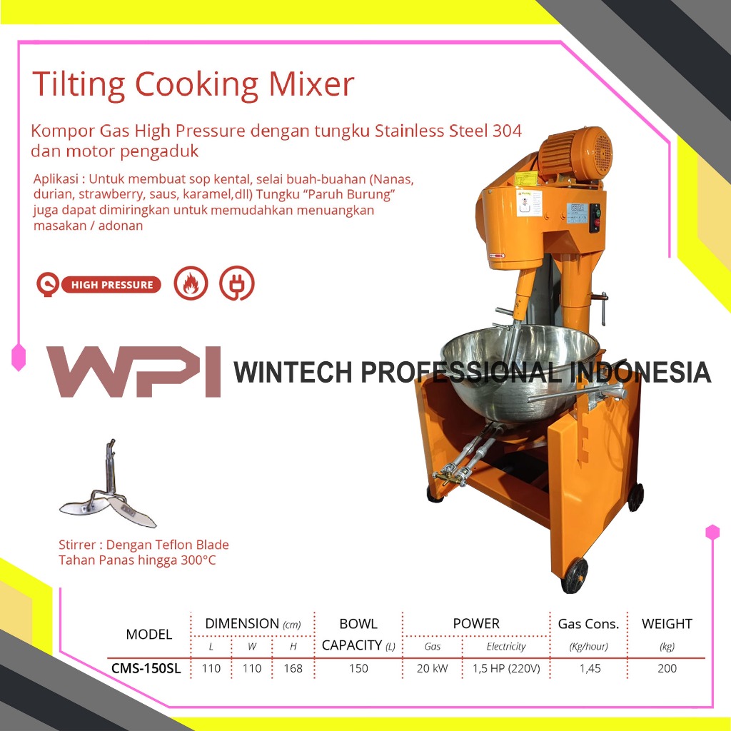 Getra CMS-150SL Tilting Cooking Mixer - Mesin Pengaduk Adonan Dodol Selai - Kompor Gas High Pressure