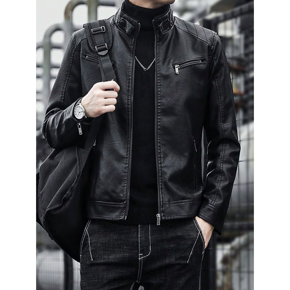 Jaket Semi Kulit Pria Leather Sintetis Black Glossy/Jaket Kulit Pria