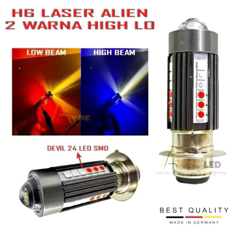 LAMPU UTAMA MOTOR H6 LASER 30 LED ALIEN H6 LED LASER 2 WARNA HI / LOO 20 WATT BOHLAM LED H6 LAMPU