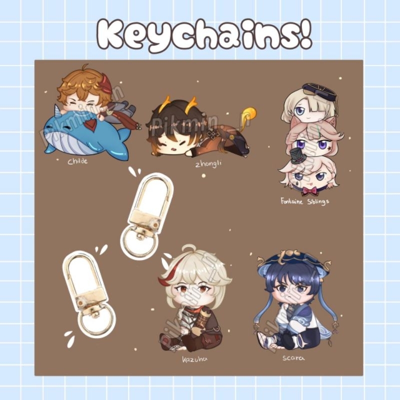 Genshin Impact Fanmerch acrylic Keychains (Kazuha, Scaramouche, Fontaine siblings, Zhongli, Childe)