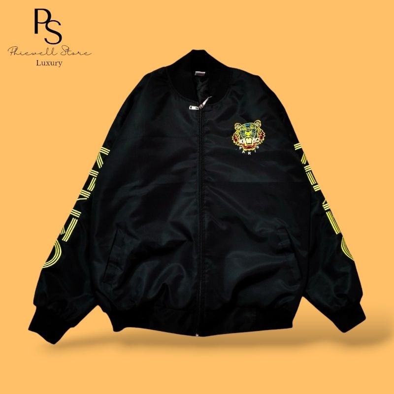 Varsity Jacket Kenzo Tiger Black Gold Patch Embroidered Bordir Fulltag Premium Hypebeast Unisex Pria
