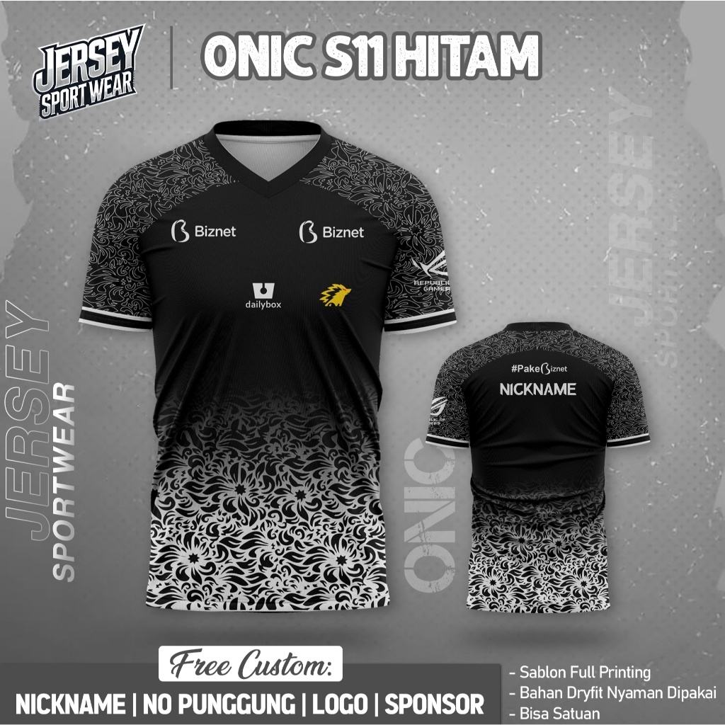 Jersey Gaming Esports ONIC S11 HITAM Custom Free Nama & Nomor Punggung