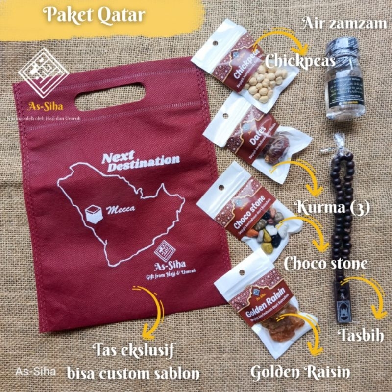 

oleh oleh umroh kurma air zamzam kismis kacang arab tasbih dus Ka'bah tas paket Qatar As-Siha