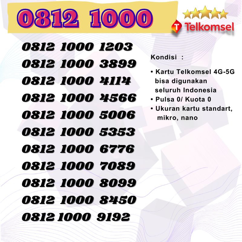 Nomor Cantik SIMPATI 4G 5G seri TRIPLE 1000 Kartu Perdana TELKOMSEL Nocan