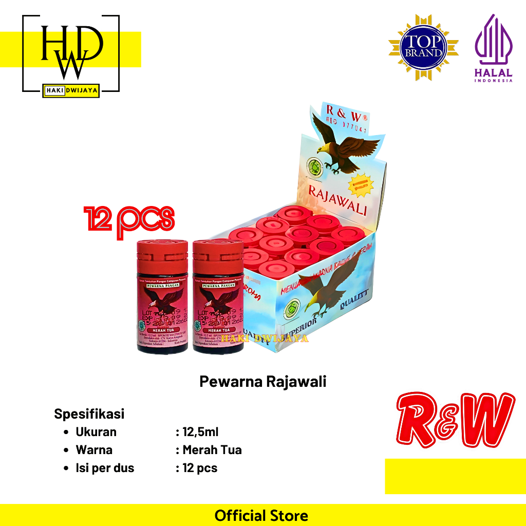 

Rajawali Pewarna Makanan Minuman Kue R&W Botol 12,5ml x 12pcs Warna Merah Tua