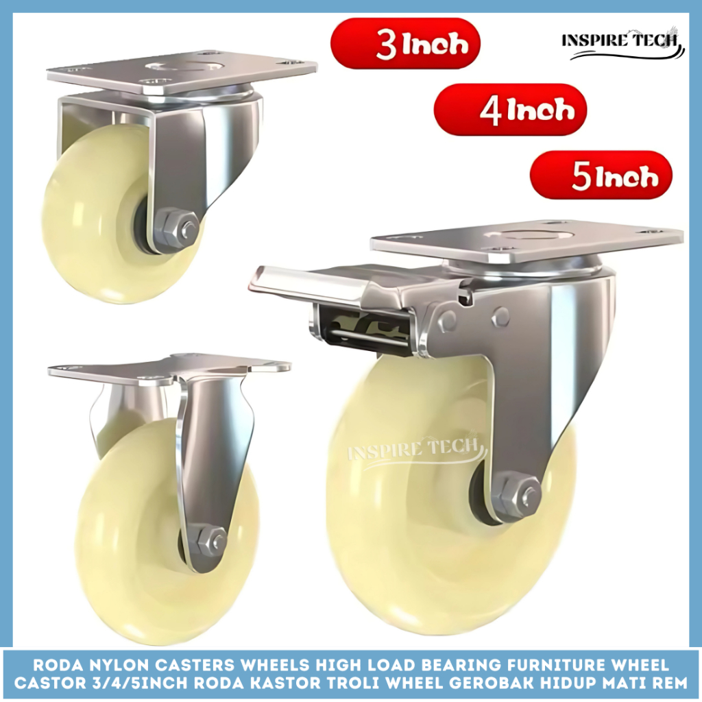 Roda NYLON MATI HIDUP REM Medium Duty Double Bearing Roda Kastor Troli Wheel Gerobak Trolley  Lori 3