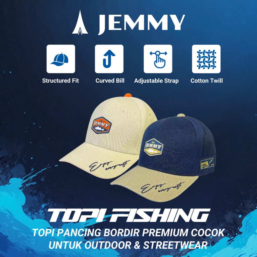 JEMMY Topi Fishing Pancing Enjoy Everyday – Bordir Premium, Warna Cream, Cocok untuk Outdoor & Stree