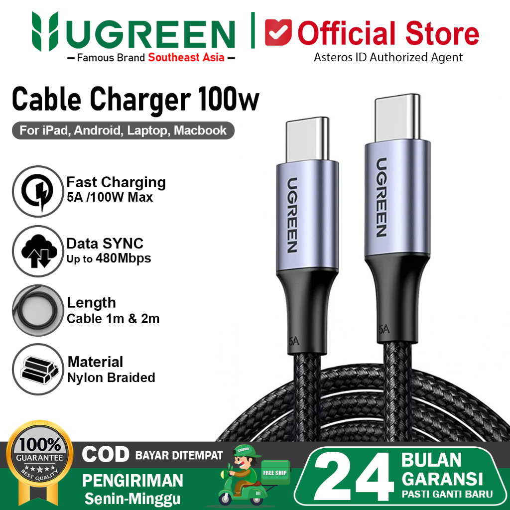 UGREEN Kabel Data USB Type C to Type C Nylon Braided PD Fast Charging 100W Max 5A 1 Meter 2 Meter