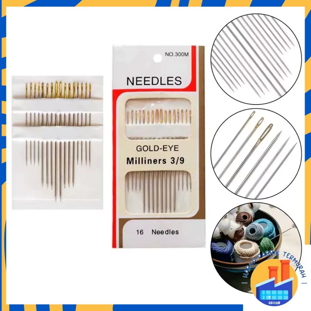 HPT Jarum Jahit Tangan isi 16pcs Jarum Benang Jahit Manual jarum Sulam jahit Kain Gold Eye Miliners 