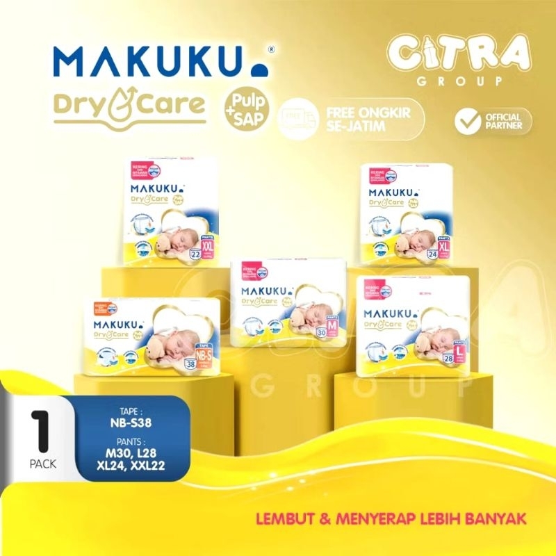 Pempers Makuku Dry Care Perekat (Nb38/Nbs54) Dan Pants (M30/M48/L28/L44/XL24/XL36/XXL22/XXL34)