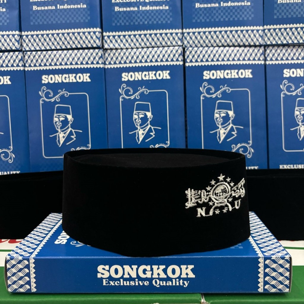 PROMO Peci kopyah kopiah Songkok Hitam Logo Bordir NU PUTIH SILVER Tinggi 9 + Dus Per Peci