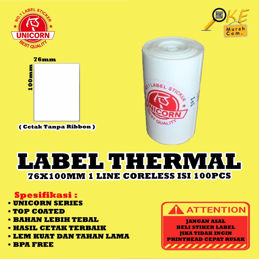 

Stiker Label Barcode Thermal 76x100mm / 76x100 mm / 76 x 100 mm 1 Line Coreless Isi 100pcs