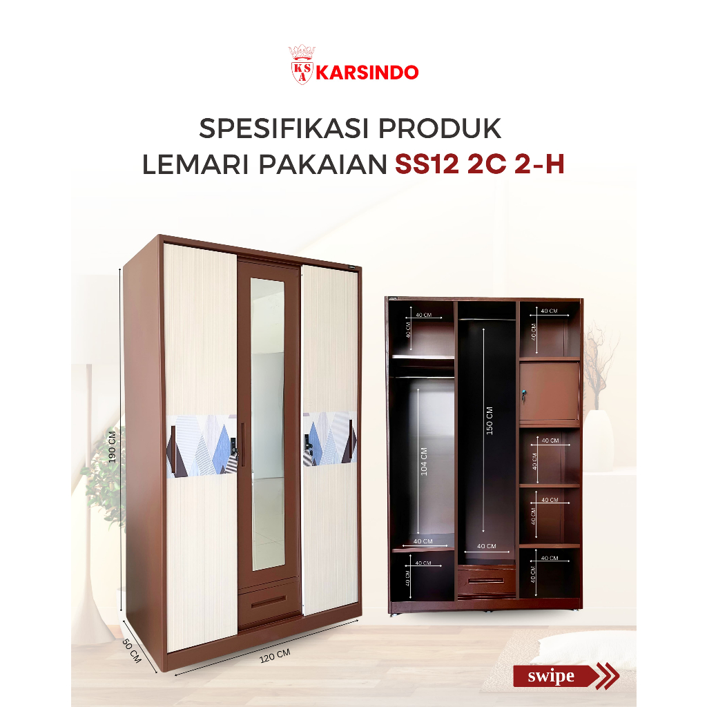Lemari Pakaian Besi Sliding 3 Pintu Lemari Brankas Hidden Door 2H