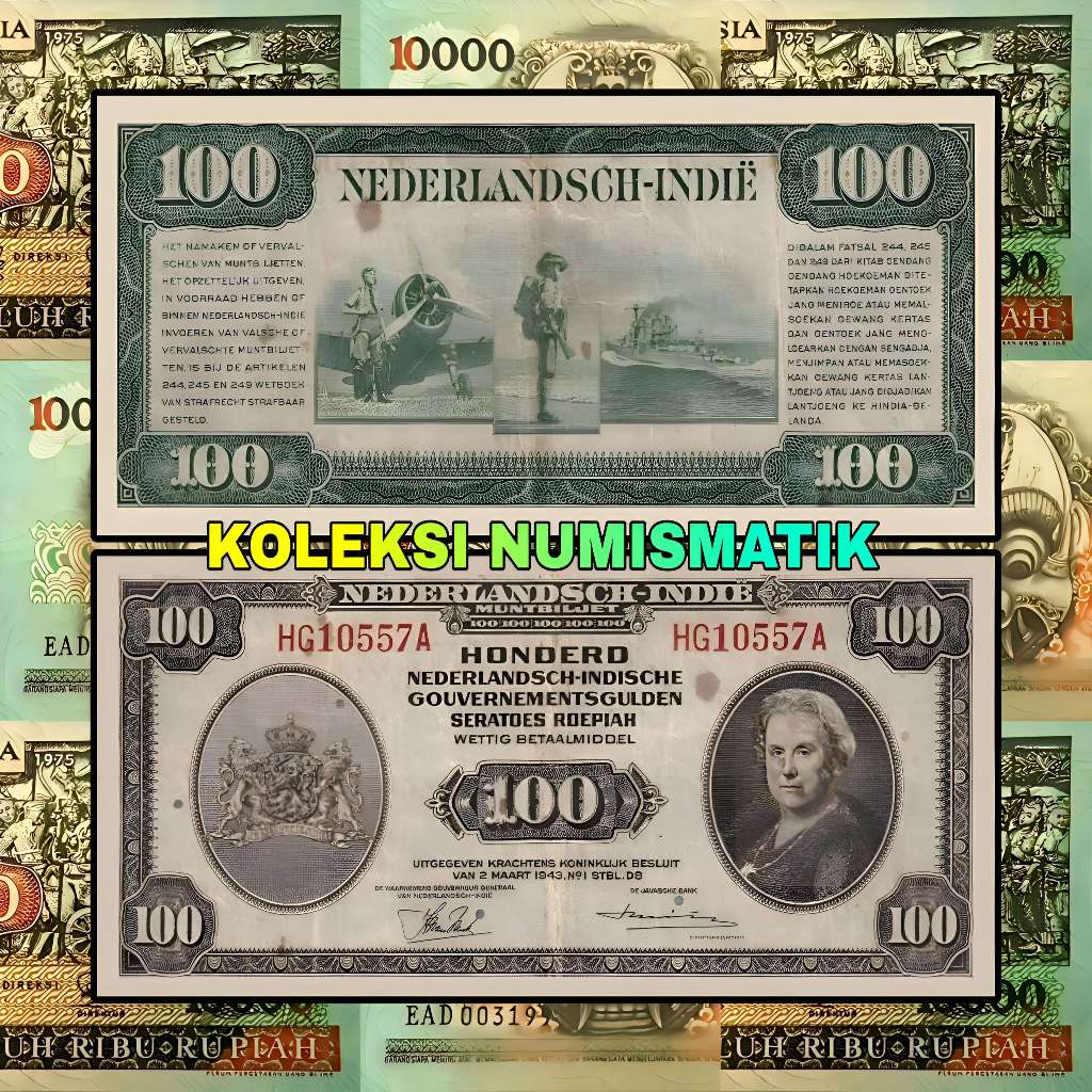 SOUVENIR KERTAS KUNO HINDIA BELANDA 100 GULDEN NICA WILHELMINA 1943