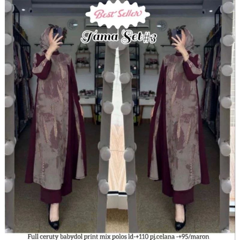 set hijab oneset long tunik ceruty motif salur setelan celana kulot crincle premium