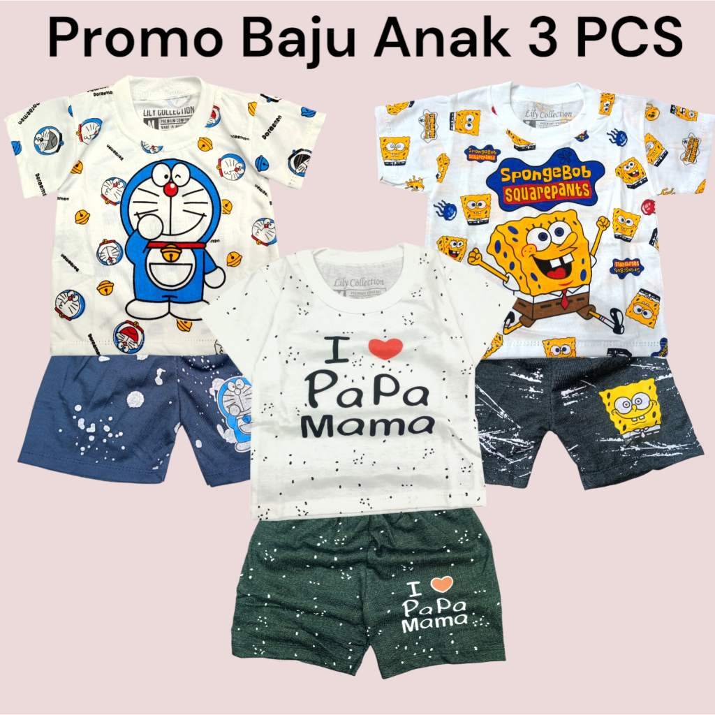 Promo 3 pcs baju anak karakter lucu/baju anak bahan katun usia 0-2 tahun