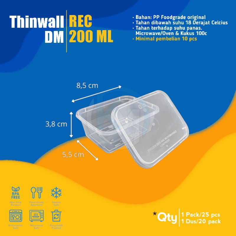 (25) PCS THINWALL FOODGRADE/TEMPAT MAKAN PLASTIK/TEMPAT MAKAN SALAD BUAH PUDING UKURAN 200ML RECTANG