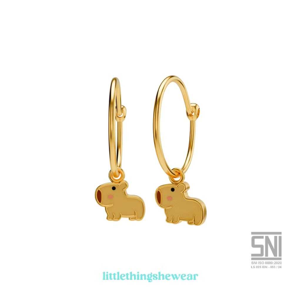 LITTLETHINGSHEWEAR - Anting Emas Anak Cappybara - Anting Loop Hoop Anting Bulat