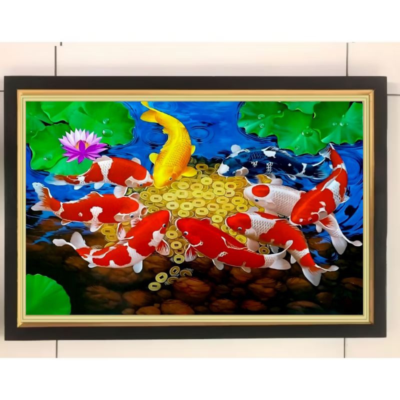 Hiasan dinding lukisan cetak ikan koi koi emas plus Bingkai ukuran 65*45