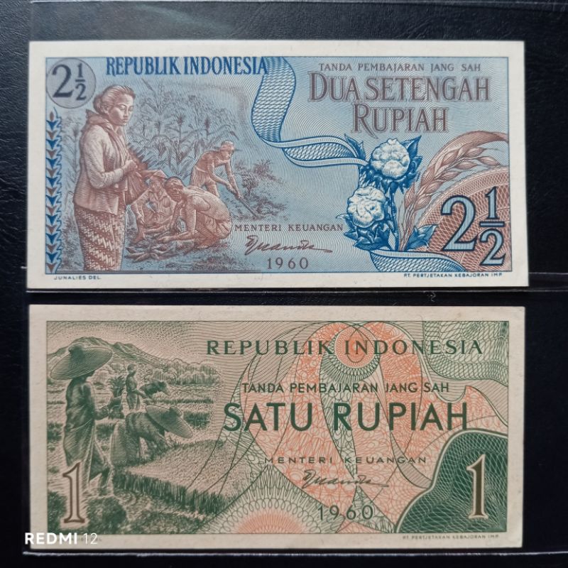Paket 2 Lembar 1&2½ Rupiah Seri Sandang Pangan Tahun 1960 Baru Mulus Gres Asli