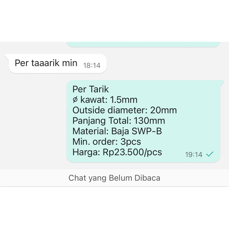 Per Spring pegas Tarik OD 20mm Kawat 1,5mm P.Total 130mm Baja