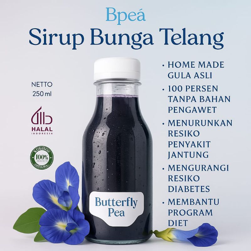 

Sirup Bunga Telang Bpea 250ml – Gula Asli Homemade, Tanpa Pengawet, Sehat & Alami