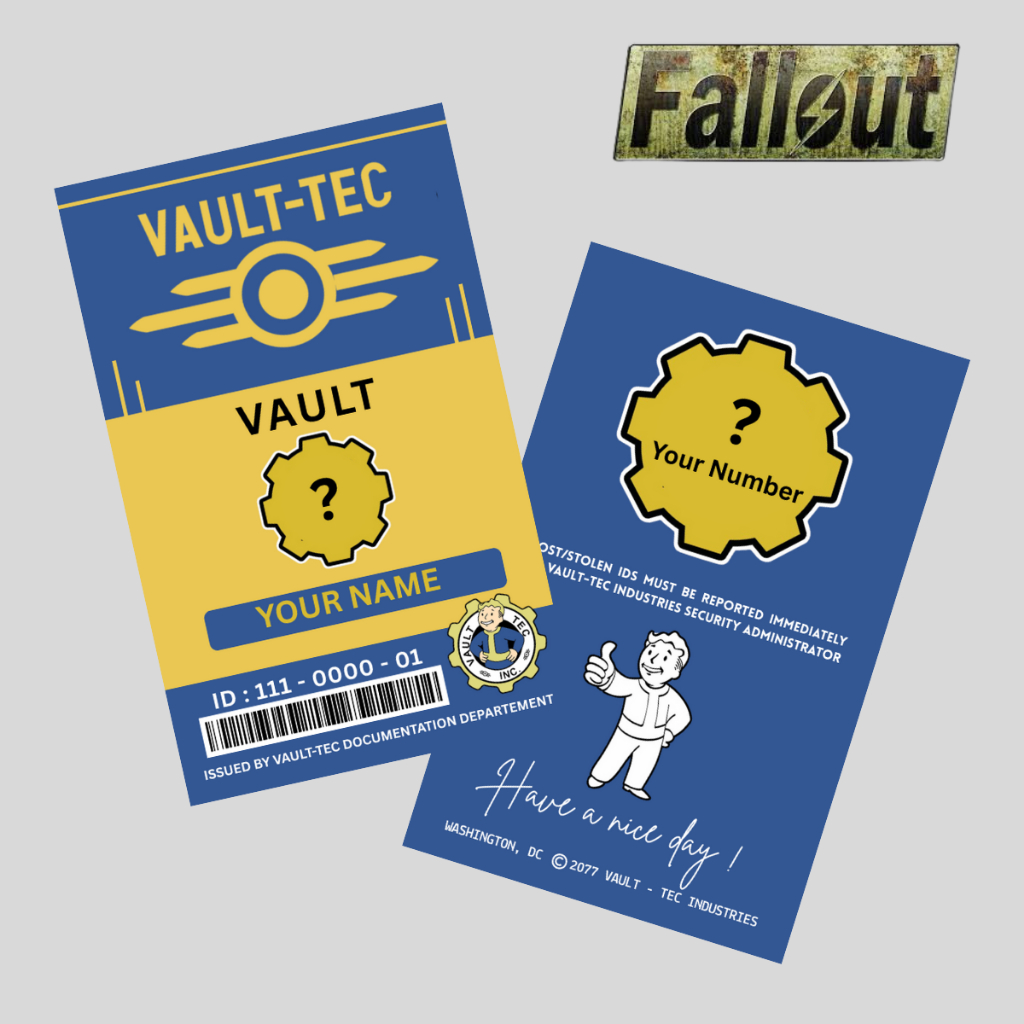 

Custom Fallout Vault-Tec ID Badge PVC Plastic Name dan Vault Number