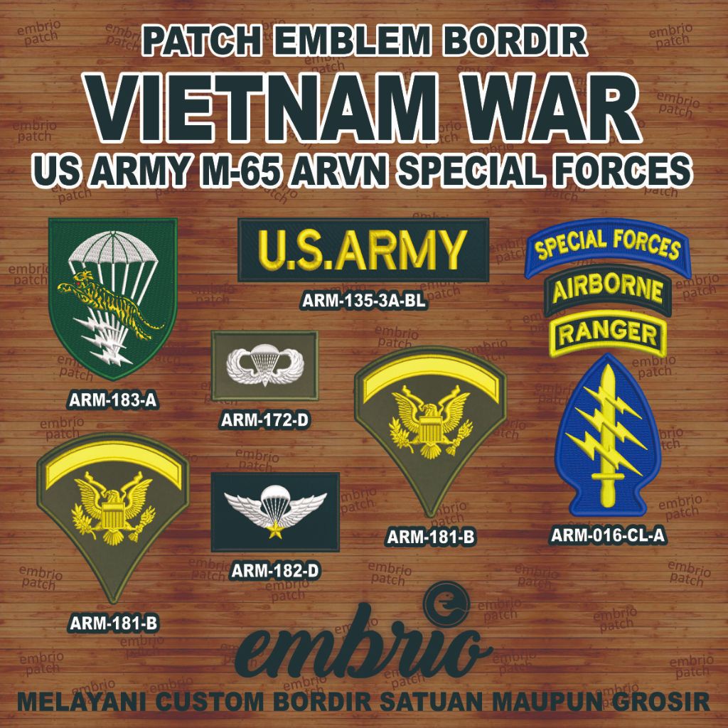 ARM-198 Patch Jaket M65 VIETNAM WAR US Army M-65 ARVN Special Force Badge - Embrio Patch Embroidery 