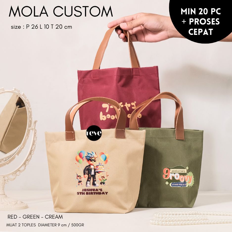 

Mola bag custom sablon goodie bag hampers ulang tahun event bridesmaid wedding nikahan souvenir birthday