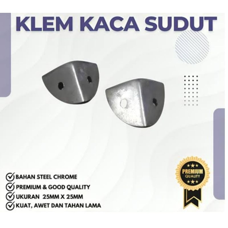 Klem kaca sudut, plat kaca pojok, plat kaca sudut siku sudut, klem sudut