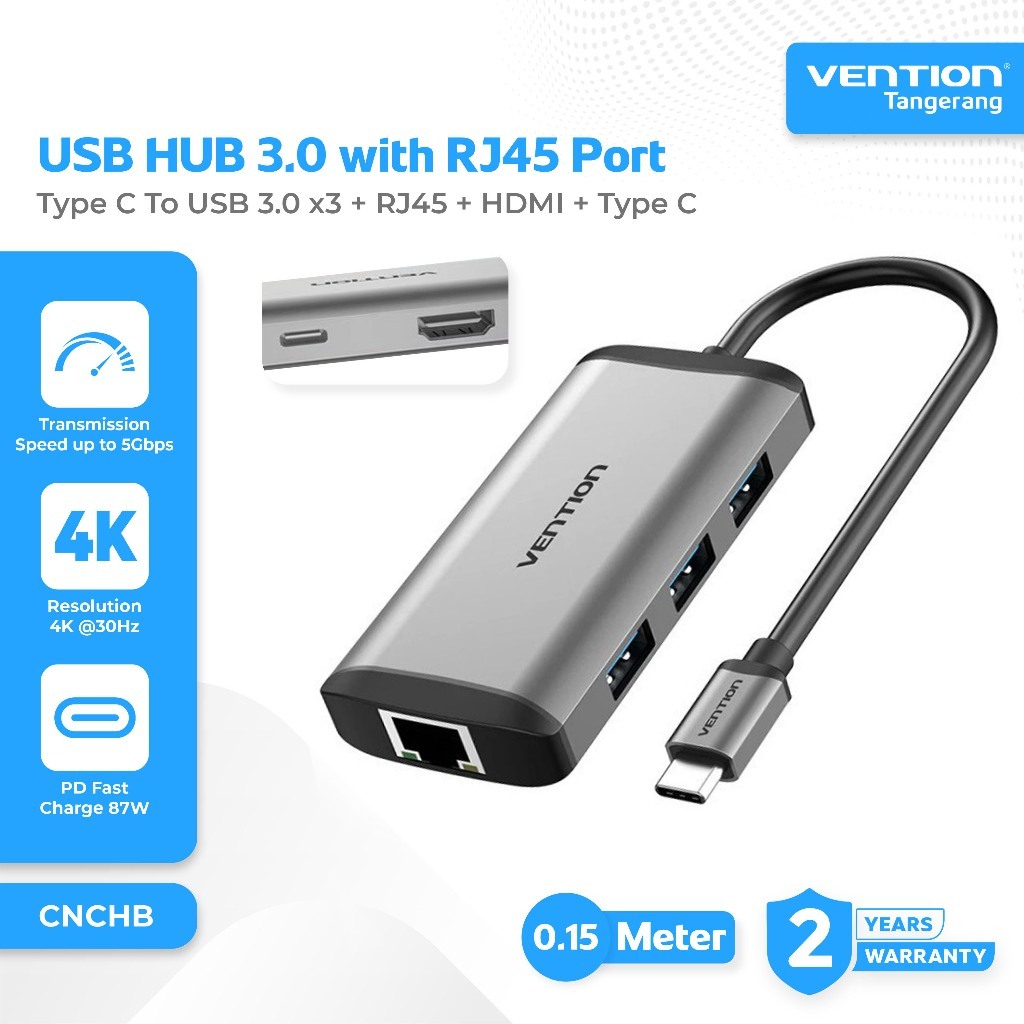 VENTION CNCHB HUB Type C Male Thunderbolt 3.0 to RJ45 LAN Port HDMI 4K 30Hz 3x USB 3.0 PD 87W Female
