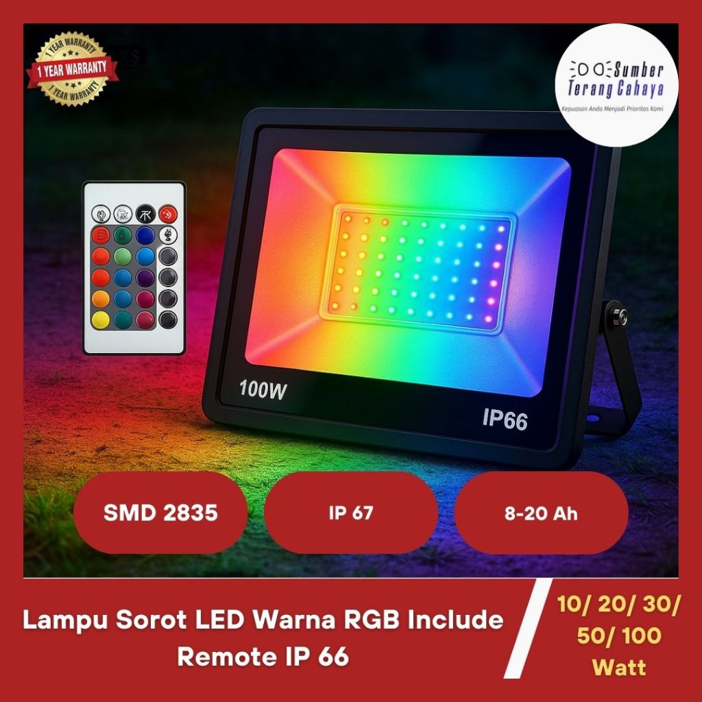 Lampu Sorot LED Warna RGB Include Remote IP 66 10/ 20/ 30/ 50/ 100 Watt