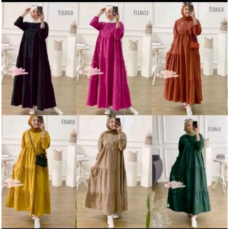 Kirania Midi Dres Gamis Kirania Rayon Santung MIDI Dress Susun Polos Kancing