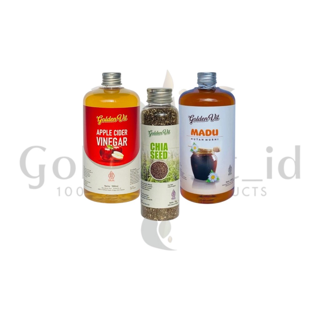 

Goldenvit Paket Hemat 3in1 + Free Gelas Takar Cuka apel 500ml , Madu Hutan 500ml , Chiaseed 70g