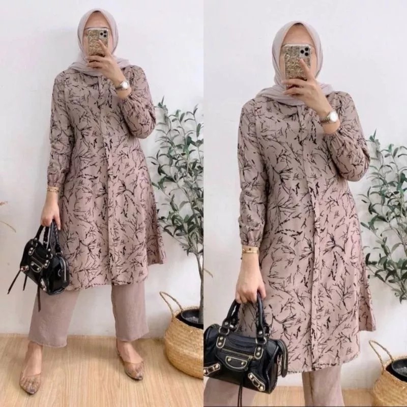 Setelan Tunik Wanita Rayon Premium Lengan Karet Full Kancing Depan