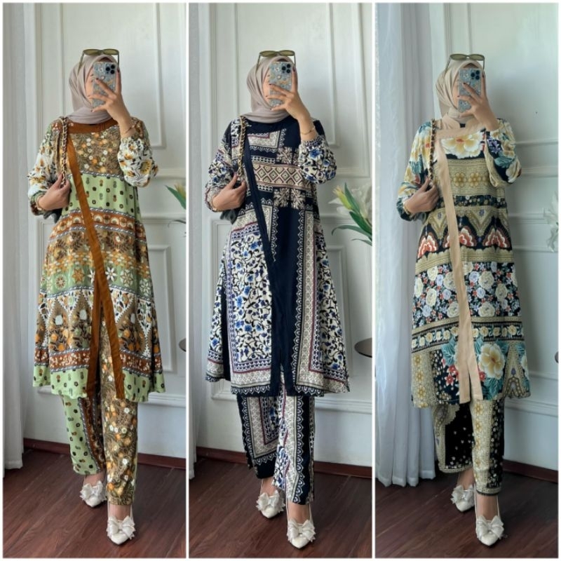 ONESET TUNIK MARWAH//SETELAN TUNIK JAMILAH KOMBINASI//LONG TUNIK SET BAHAN RAYON TWILL