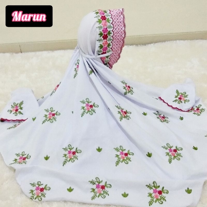 Mukena Terusan Dewasa Bordir  Motif Bunga Tabur Lajuran/Lajur Putih