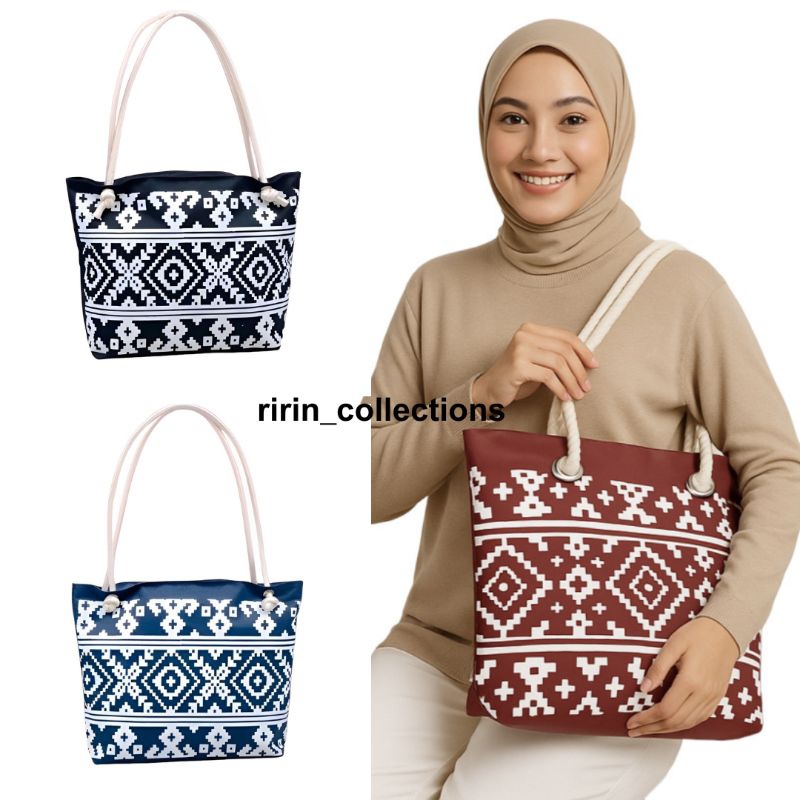 RRN - Tas Wanita Totebag Bahan Kanvas Tali Sumbu Resleting Motif Terbaru