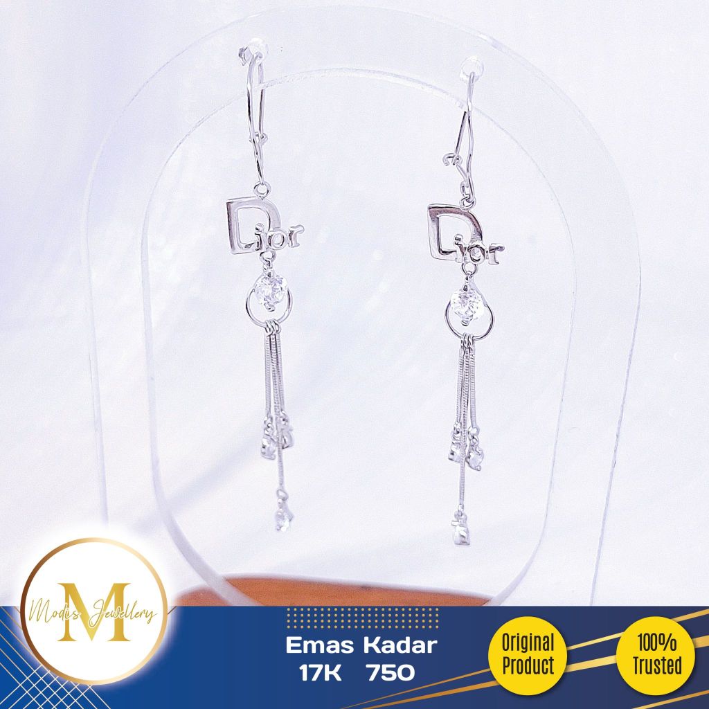 MODIS JEWELLERY - Anting Daisy Panjang Fashion Italy Rumbai Putih - Emas 17k 750