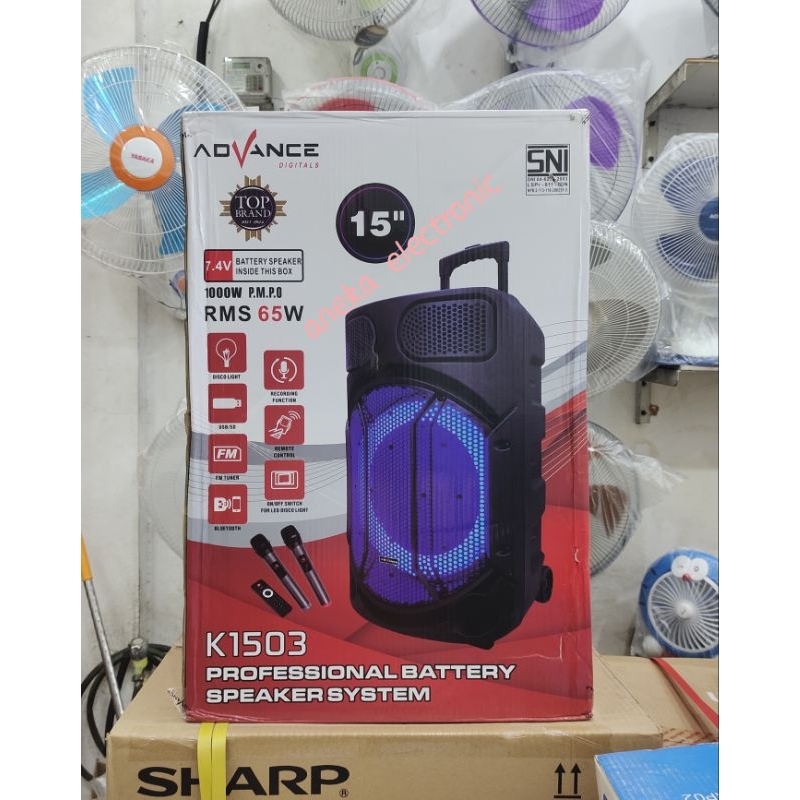 Advance Speaker Bluetooth K-1503 15inch Free 2 Mic Wireless Tanpa Kaki Standing