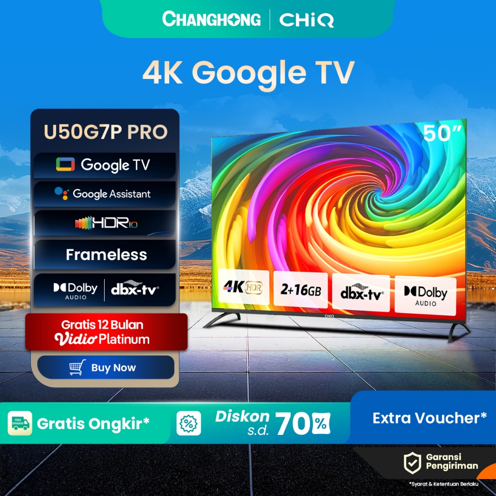 【Google TV】CHiQ 50 inch Smart TV 4K UHD-HDR10+DBX Dolby Audio Google Assistant Netflix Youtube Digit