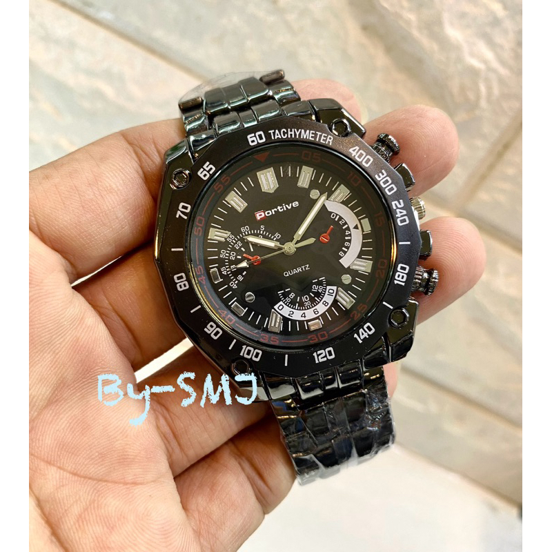 RANTAI SPORTY,, Jam Tangan Pria PORTIVE Rantai Hitam Keren